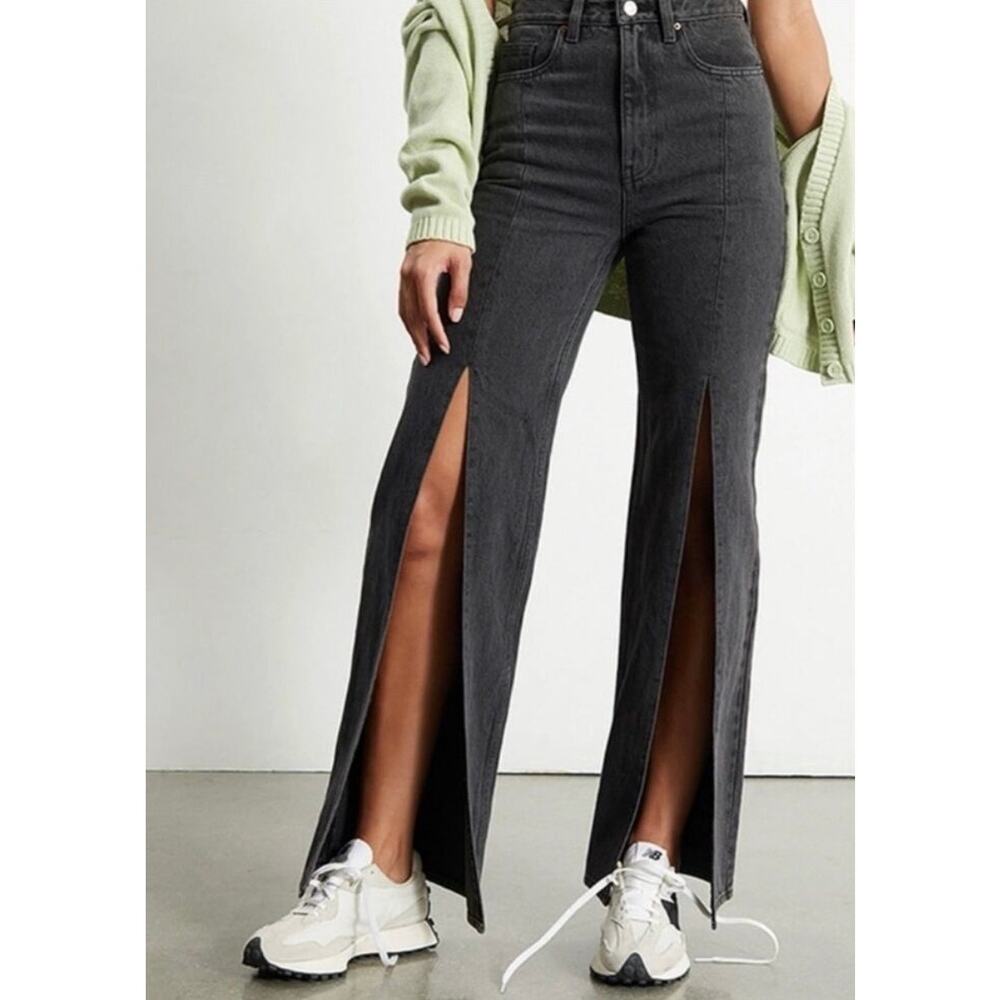 Pac Sun 90s Boyfriend High Rise Washed Black Denim Jeans Split Front Wide Leg 27